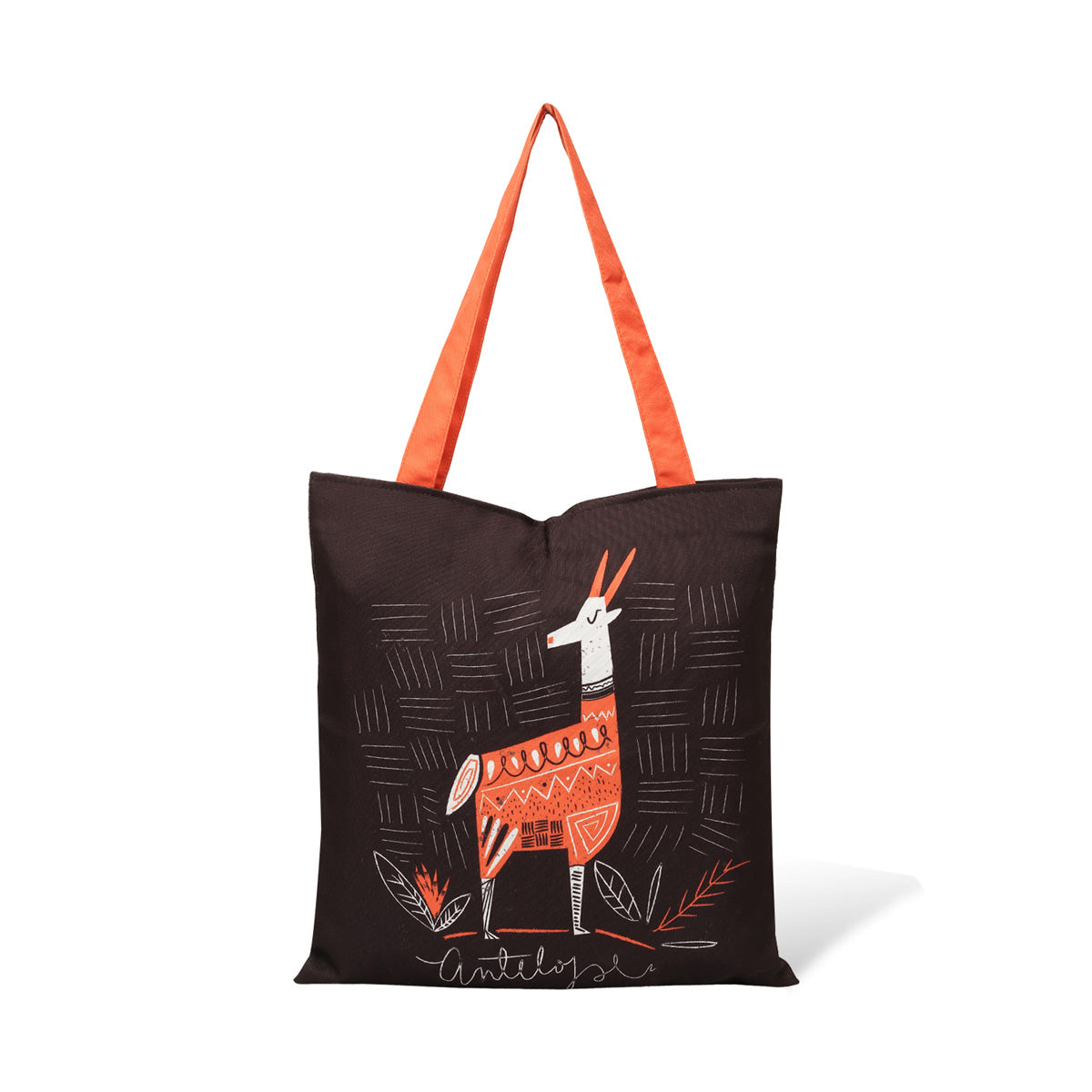 Black tote bag with an orange strap and a printed design of a white llama with orange and black geometric patterns.