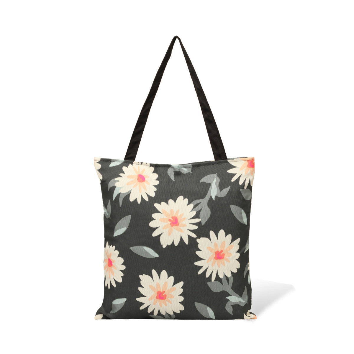 A tote bag with a black and white floral pattern, perfect for adding a touch of elegance to any outfit.