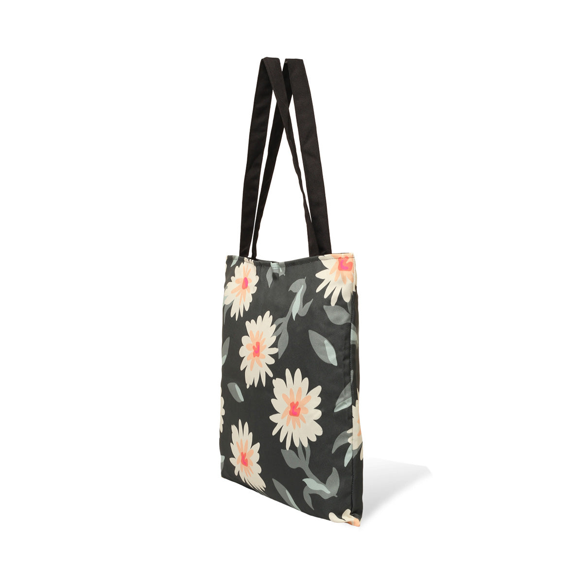 A tote bag with a black and white floral pattern, perfect for adding a touch of elegance to any outfit.