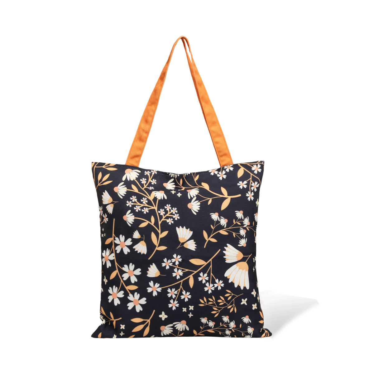 A navy blue tote bag with orange straps and a floral print pattern featuring white and yellow flowers with green leaves, isolated on a white background.