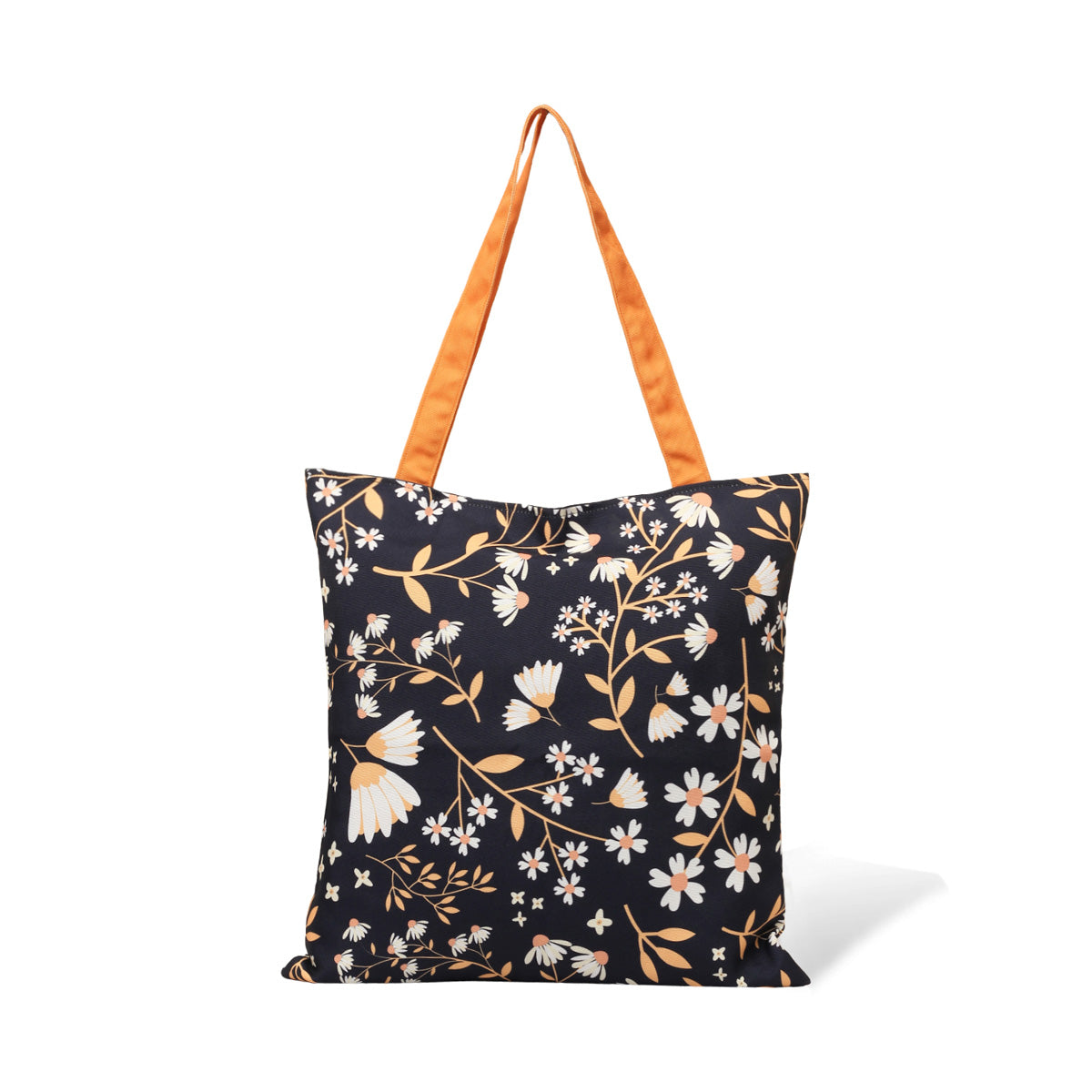 A stylish tote bag adorned with flowers and bright orange handles.