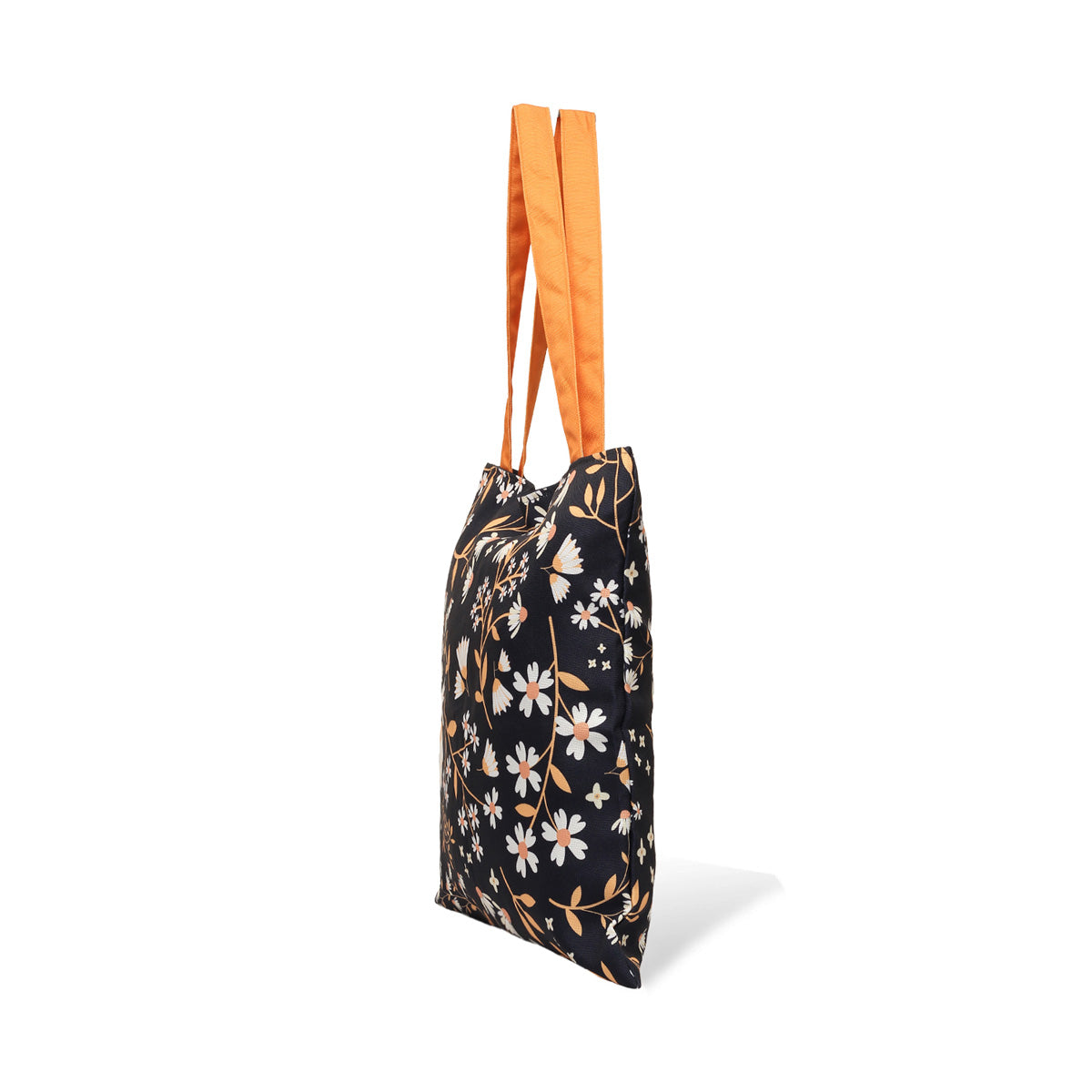 side view of Floral tote bag with vibrant orange handles.