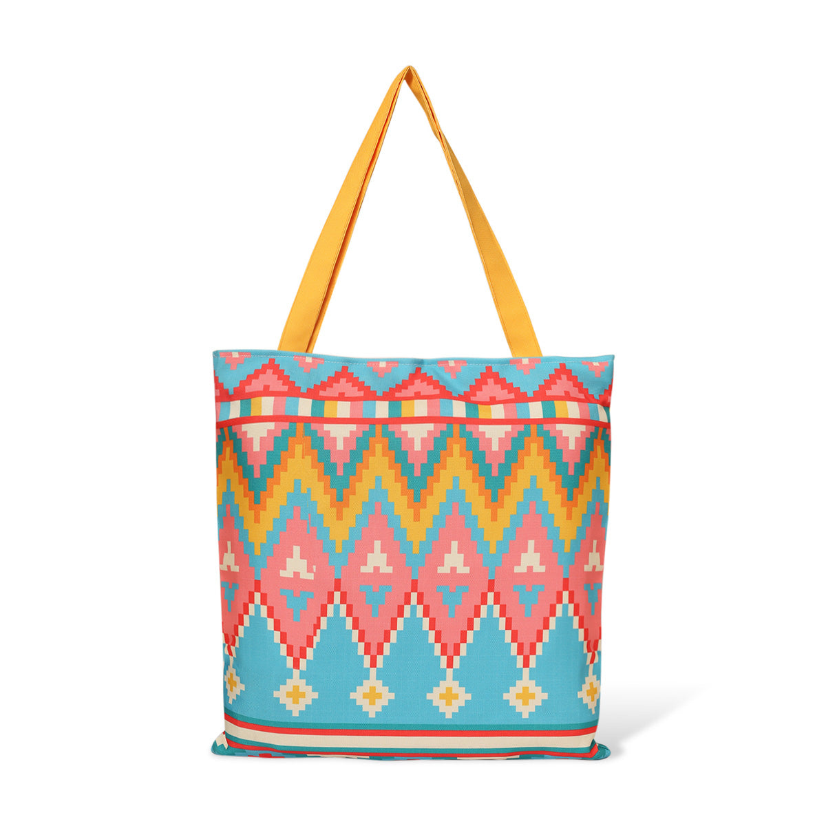 Colorful tote bag with geometric pattern.