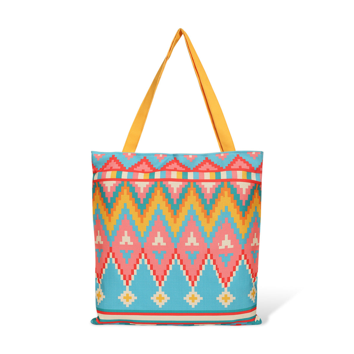 Vibrant tote bag with geometric design.