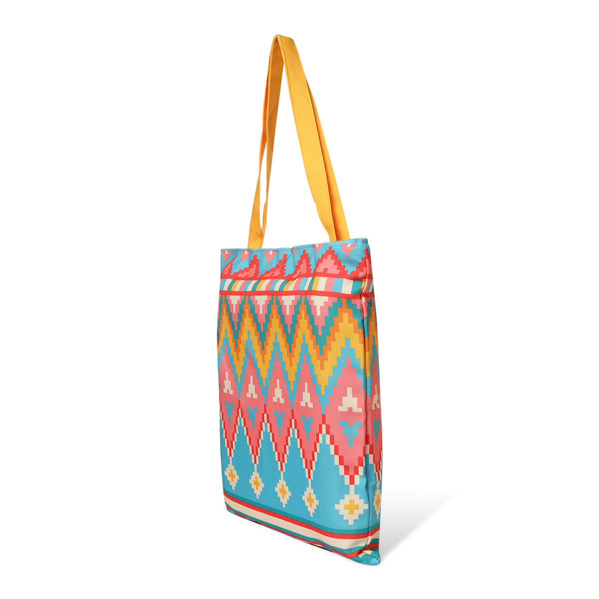 Bright tote bag with colorful shapes.