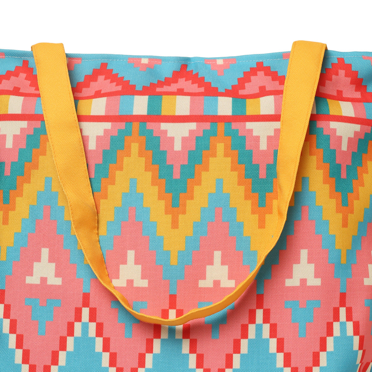 Bright tote bag with colorful shapes.