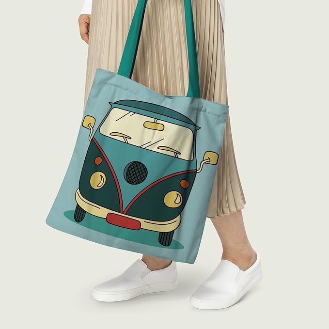 Women holding Stylish blue tote bag featuring Volkswagen bus design