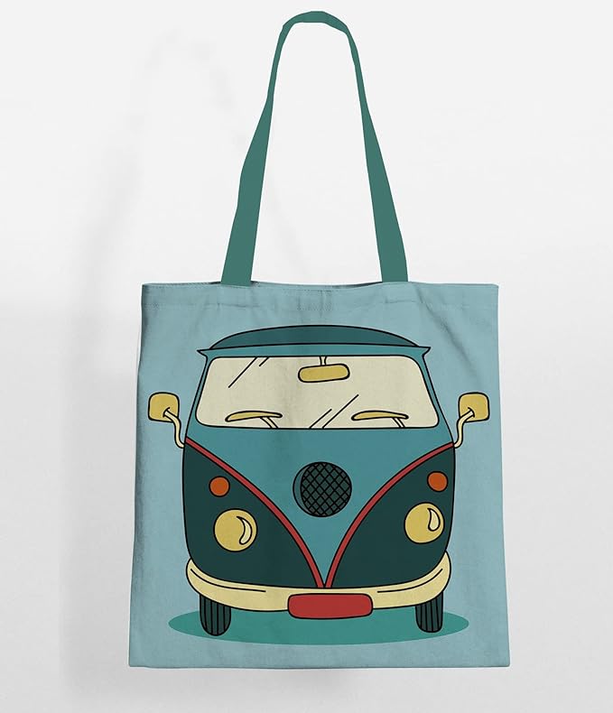 A tote bag featuring a blue and green VW bus design.