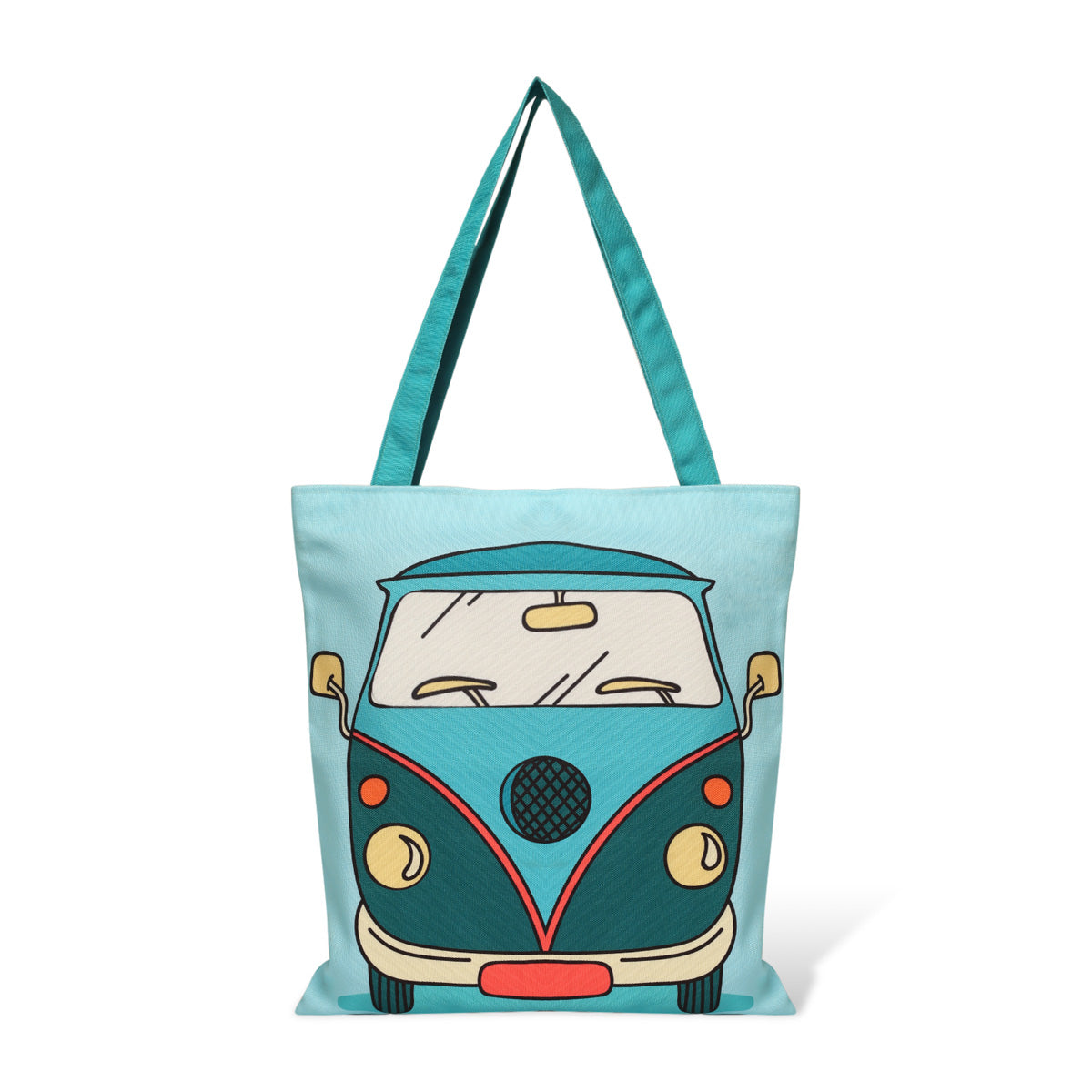 Fashionable tote bag with blue Volkswagen bus print