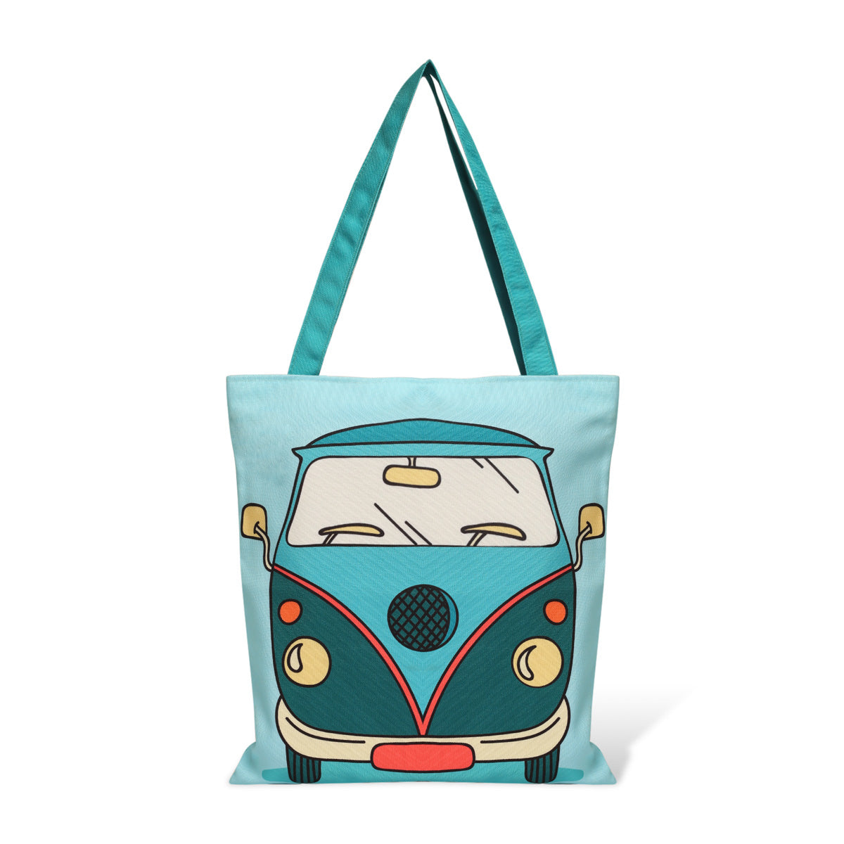 Trendy tote bag with book and headphones in Volkswagen bus design