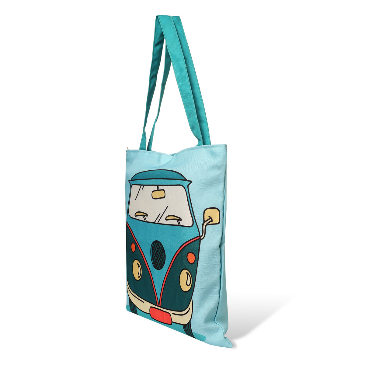 Cute cartoon car print on blue bag, great for carrying toys or snacks on the go.