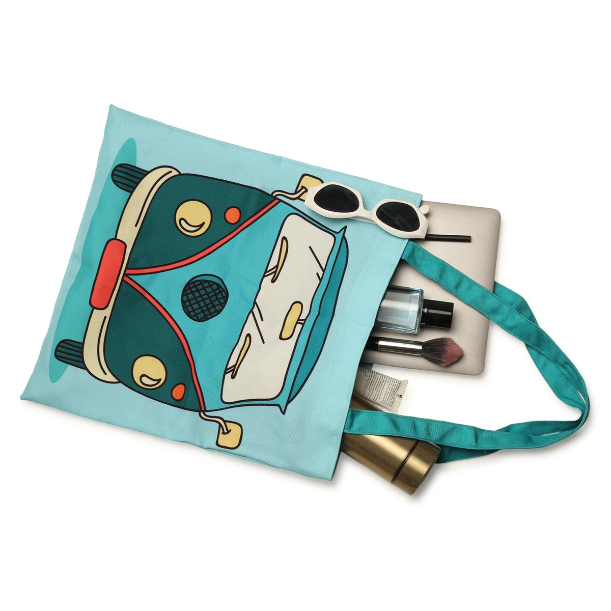 Kid-friendly blue bag featuring a fun cartoon car, ideal for storing books or snacks.