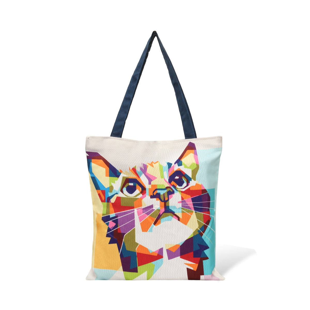 Multicolor cat face tote bag with blue color handle on white background