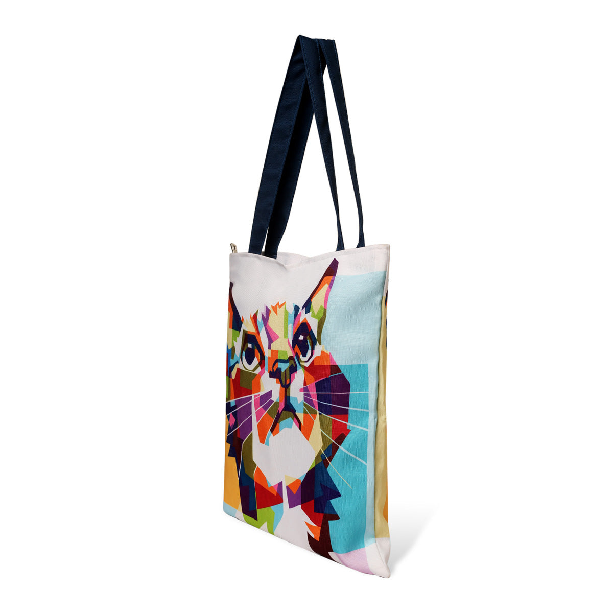 Side view Multicolor cat face tote bag with blue color handle on white background