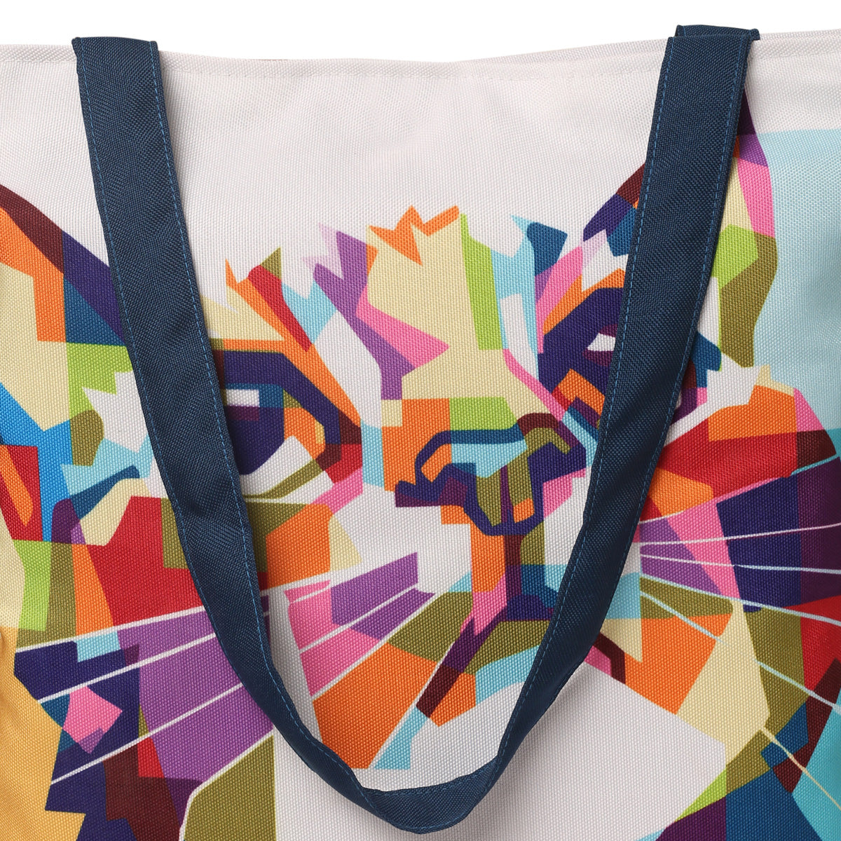 Zoom view of Multicolor cat face tote bag with blue color handle on white background