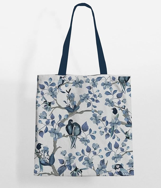 Blue birds & leaf tote bag with blue color handle