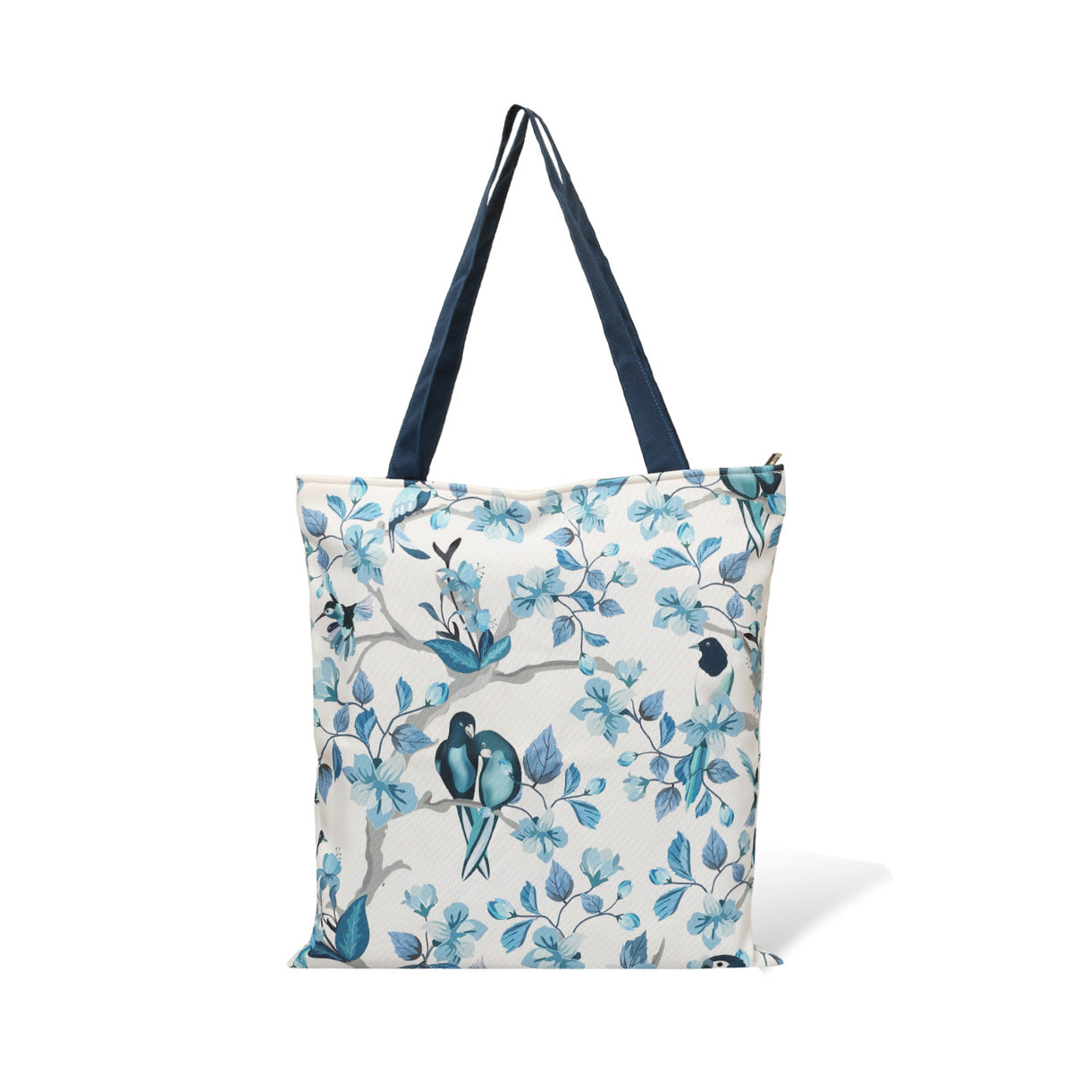 A stylish tote bag with blue and white colors, adorned with charming bird designs.