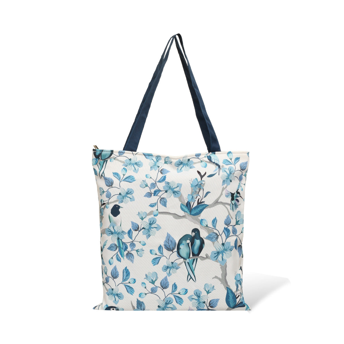 A stylish tote bag with blue and white colors, adorned with charming bird designs.