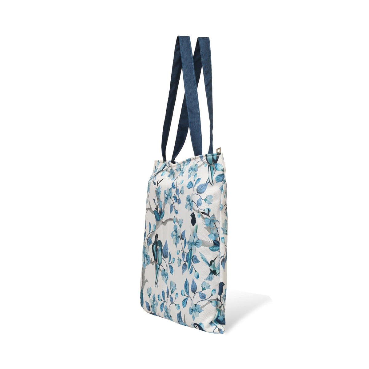 Side view of a stylish tote bag with blue and white colors, adorned with charming bird designs.