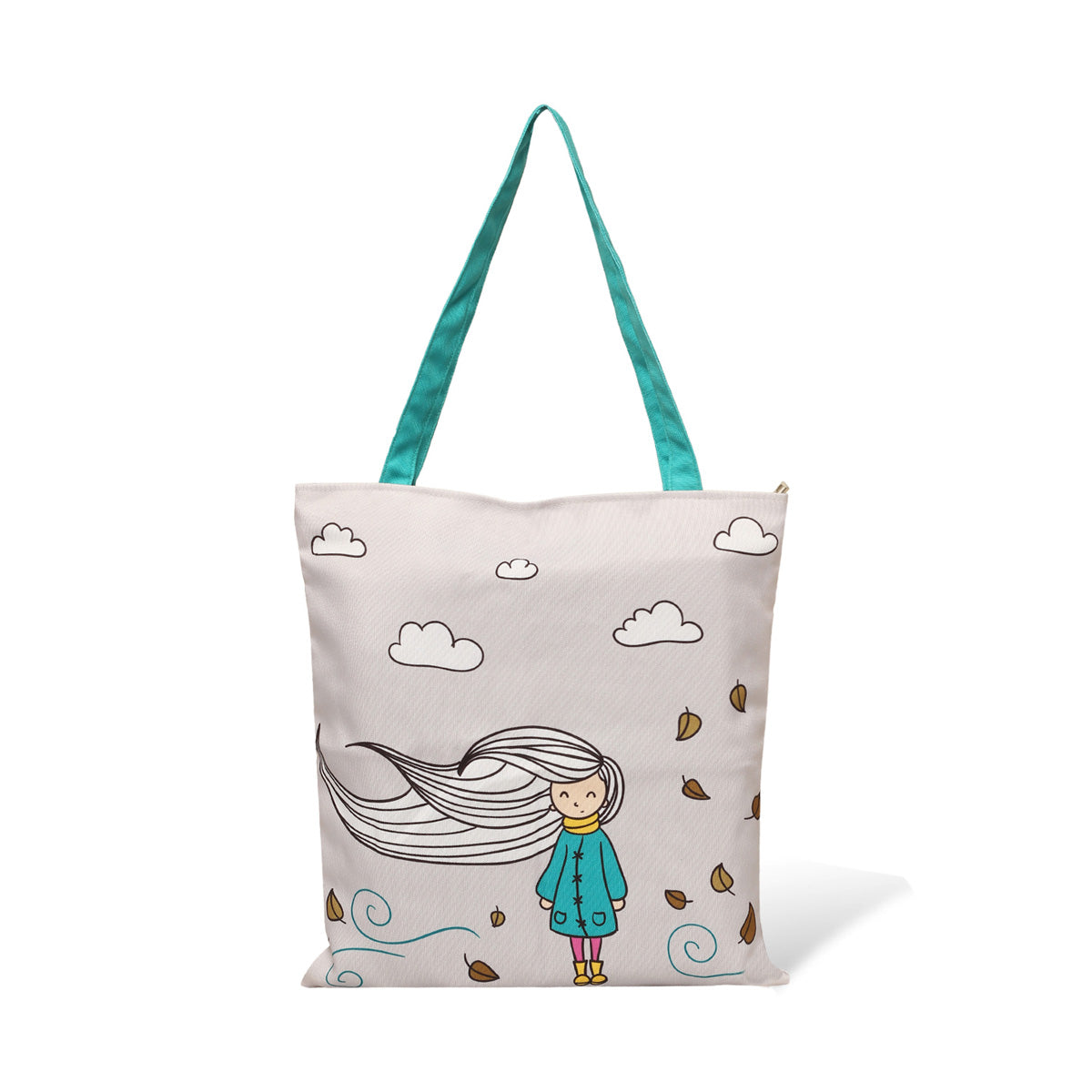 A light grey tote bag with teal straps with print of a girl with long hairs blowen up by the winds with cloud upwards 