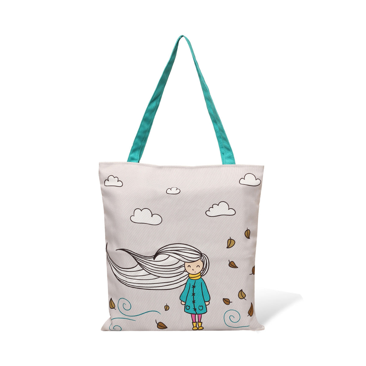 A light grey tote bag with teal straps with print of a girl with long hairs blowen up by the winds with cloud upwards 