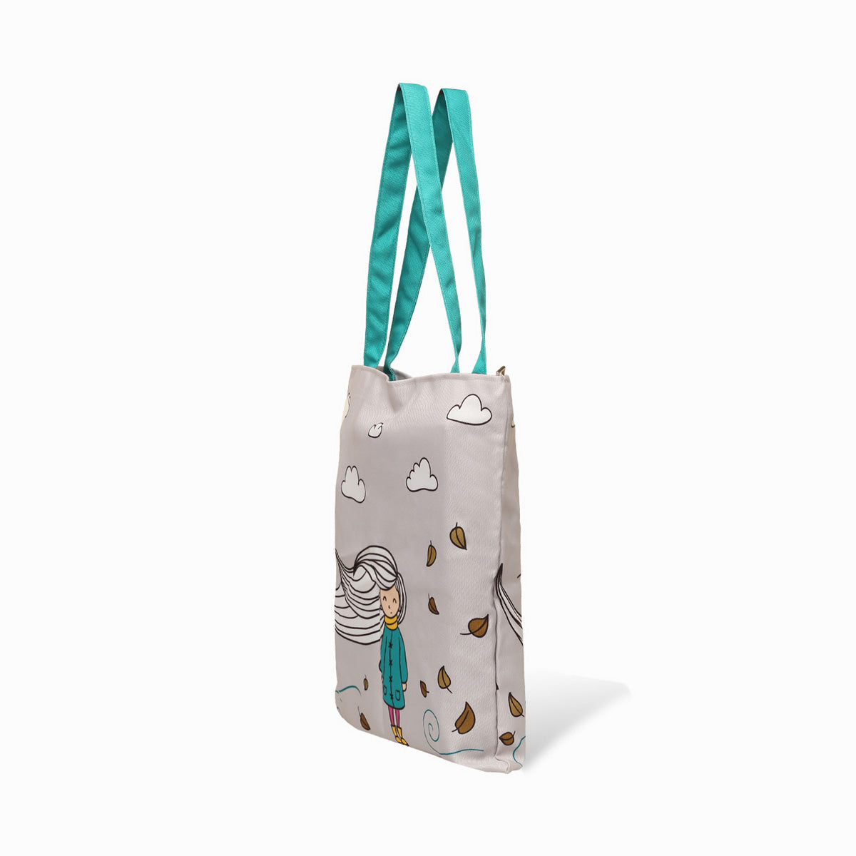 Side view of grey tote bag with color handle