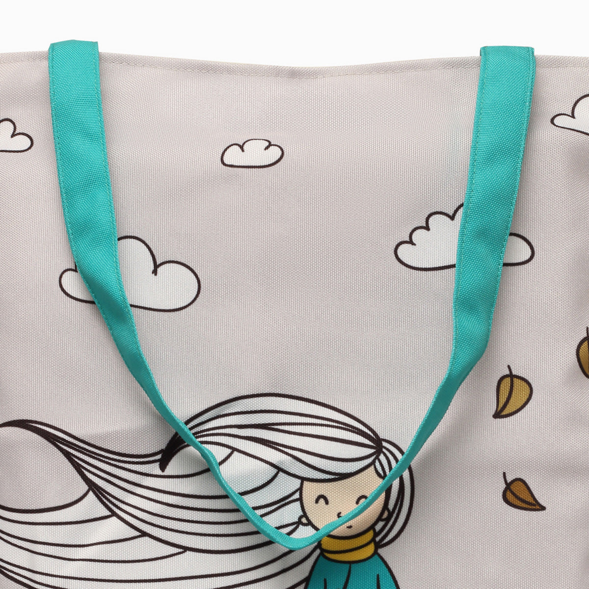 zoom view of teal color handle of a grey color tote bag