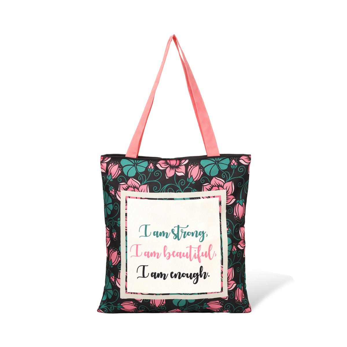 A tote bag with the quote "I am strong, I am beautiful, I am strong" on it.