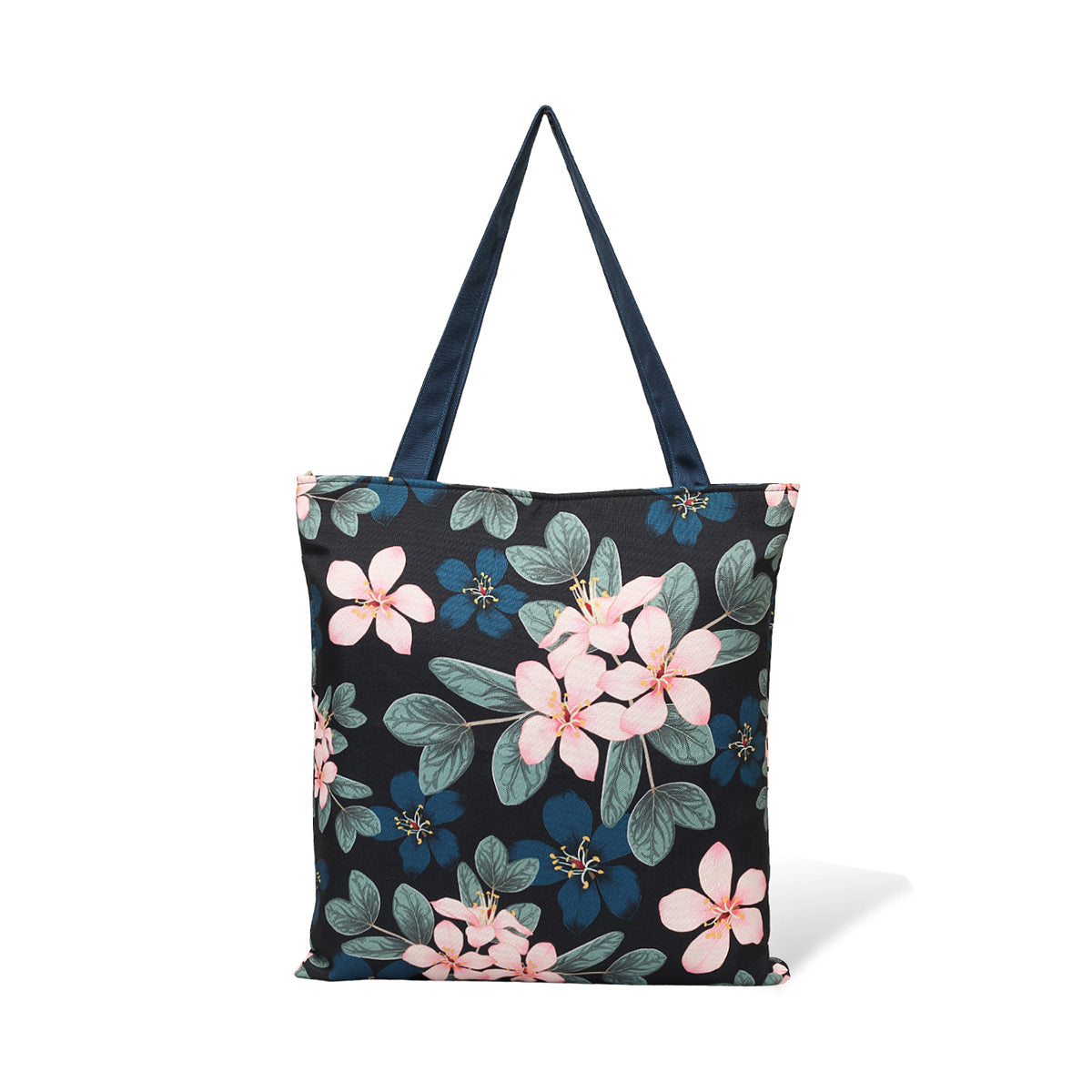 Stylish black and pink floral tote bag, ideal for carrying your essentials in style.