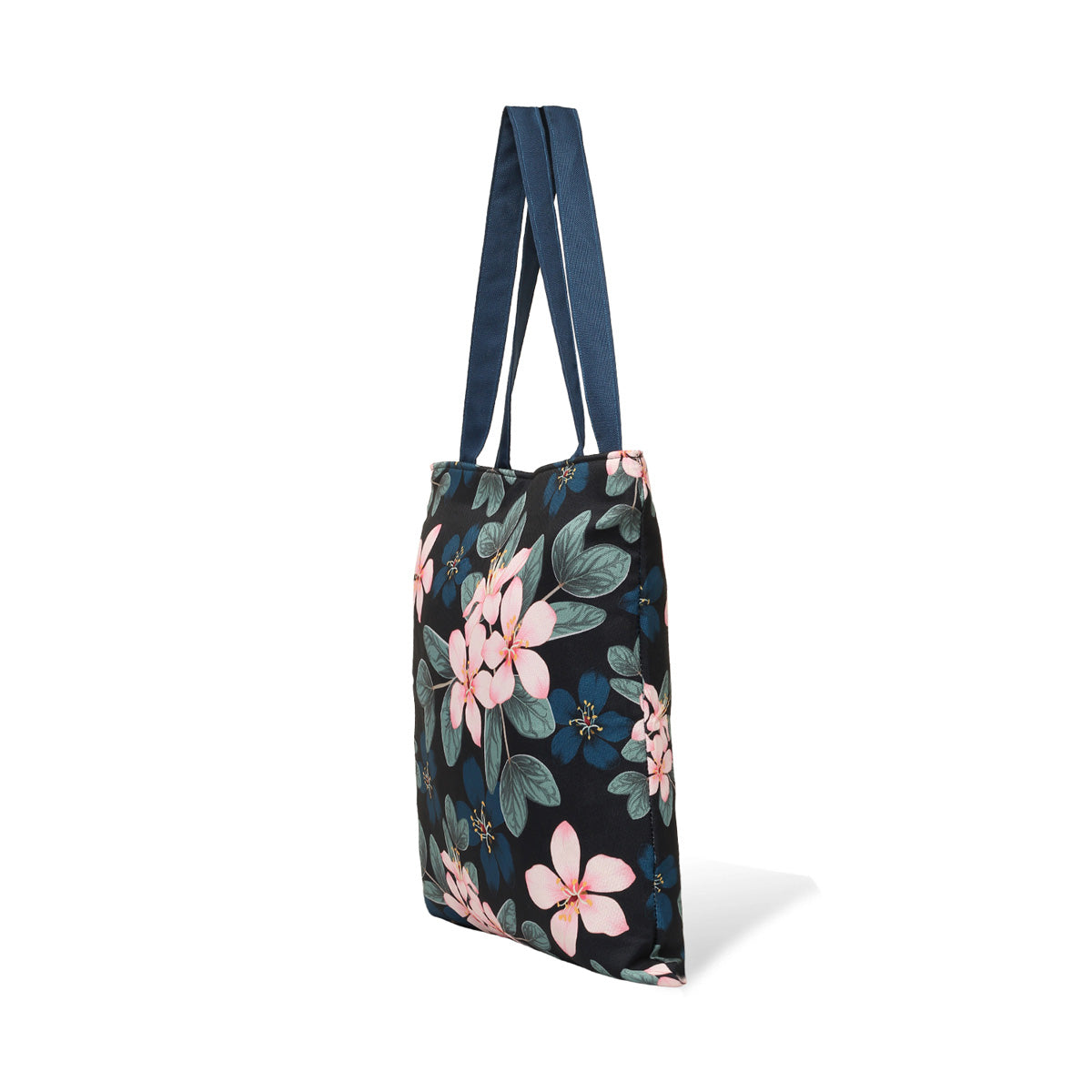 side view of  Stylish black and pink floral tote bag, ideal for carrying your essentials in style.