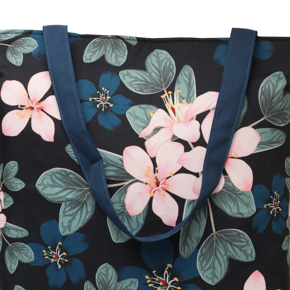 Chic black and pink floral tote bag, a fashionable accessory for any occasion.