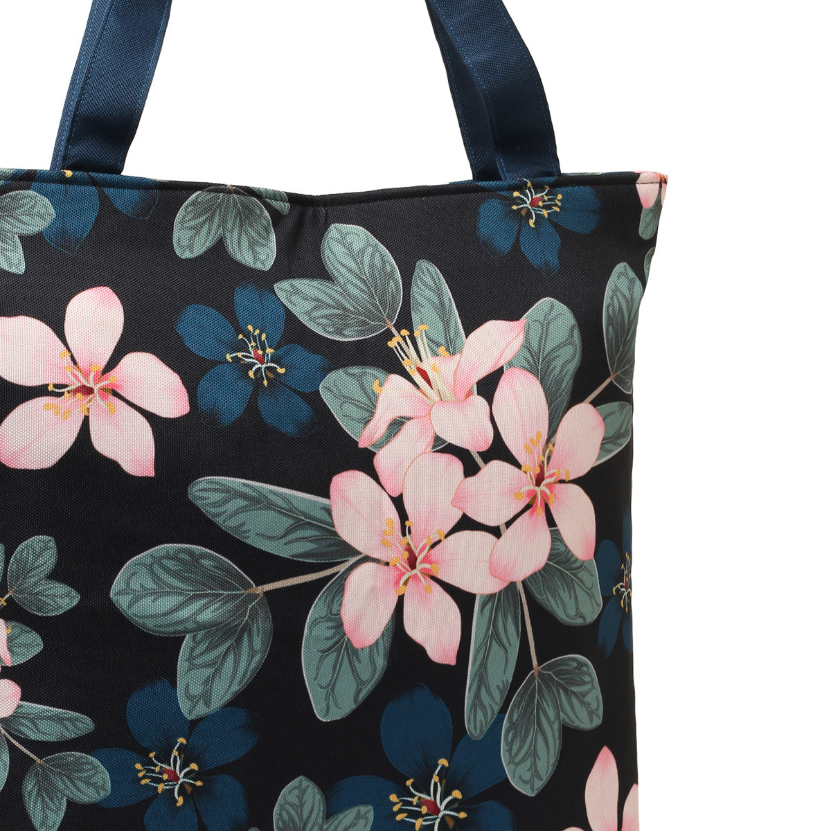 Xoom view of  Black and pink floral tote bag, perfect for adding a pop of color to your outfit.