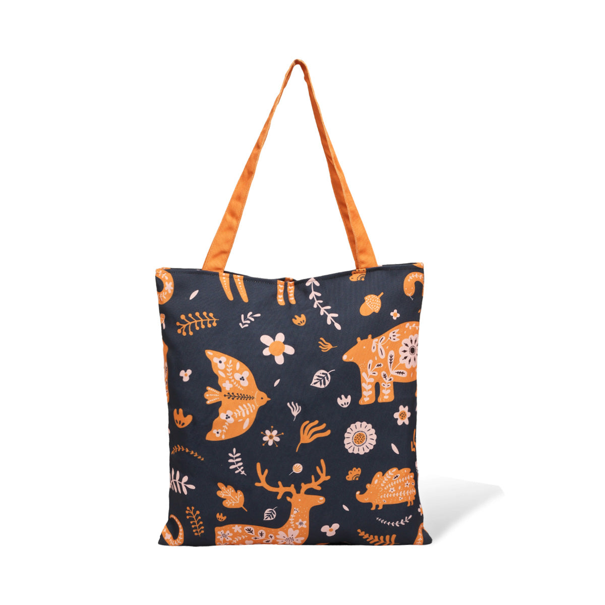 A black tote bag with orange and white animal and plant print designs, featuring deer, fish, and flowers, with orange handles.