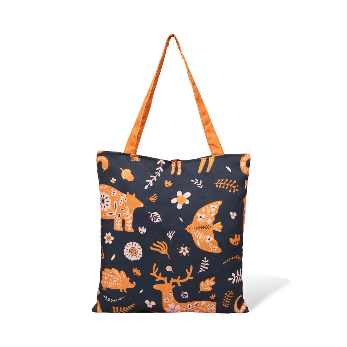 A black tote bag with orange and white animal and plant print designs, featuring deer, fish, and flowers, with orange handles.