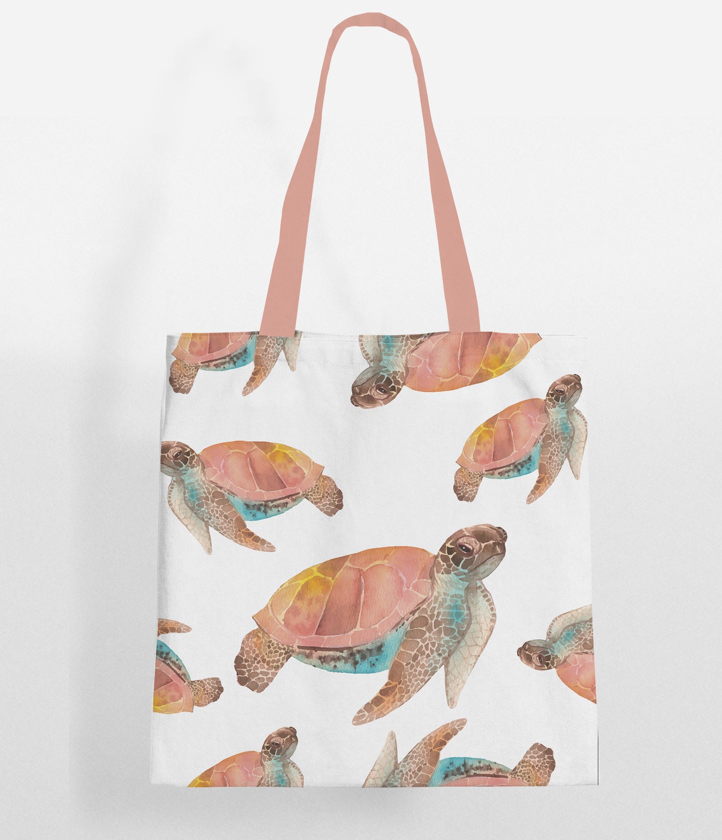 A tote bag featuring a beautiful watercolor turtle pattern, perfect for carrying your belongings.