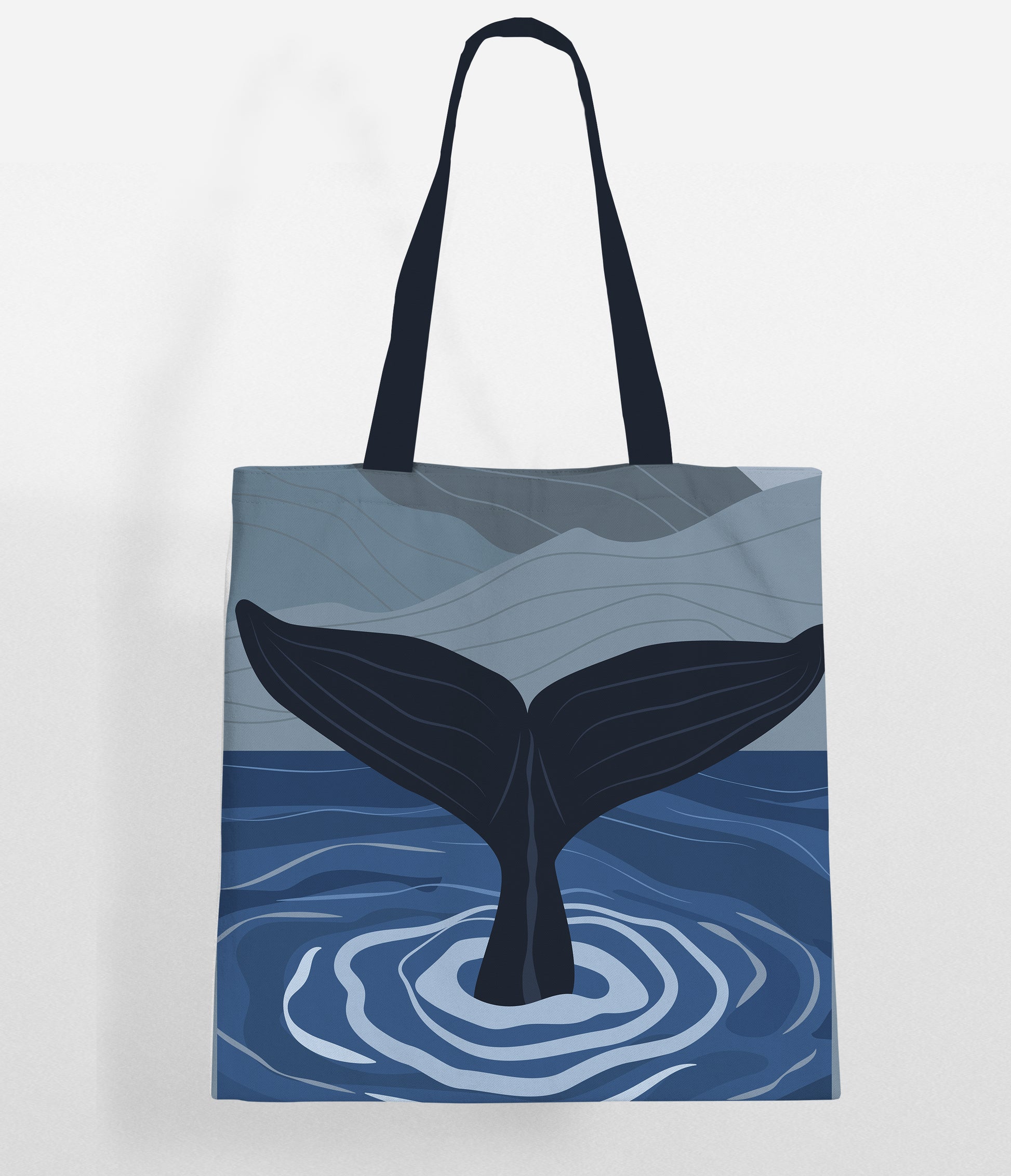 Blue whale tail diving inside the ocean and blue sky above tote bag