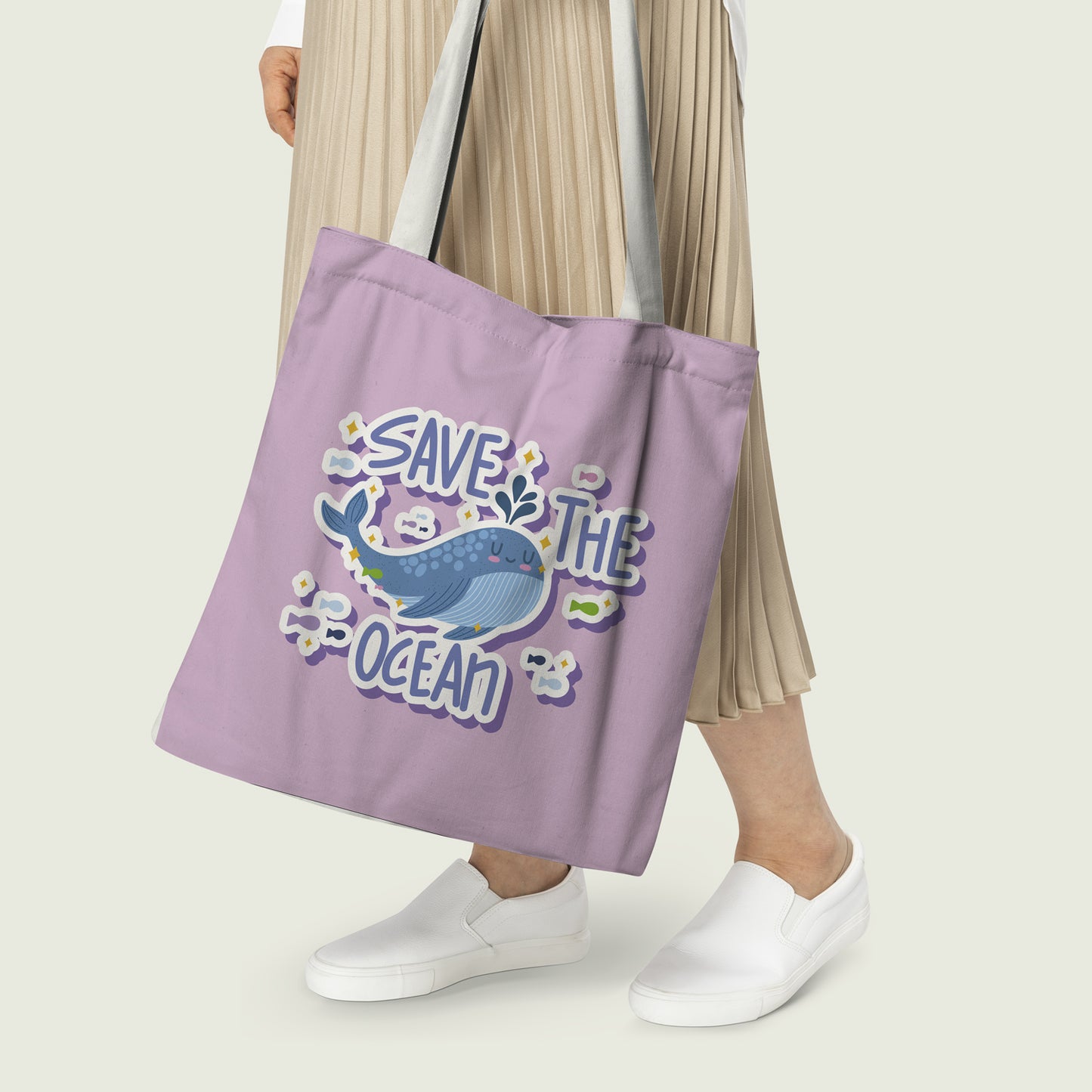 A reusable tote bag with a design promoting ocean conservation, encouraging people to save the ocean.