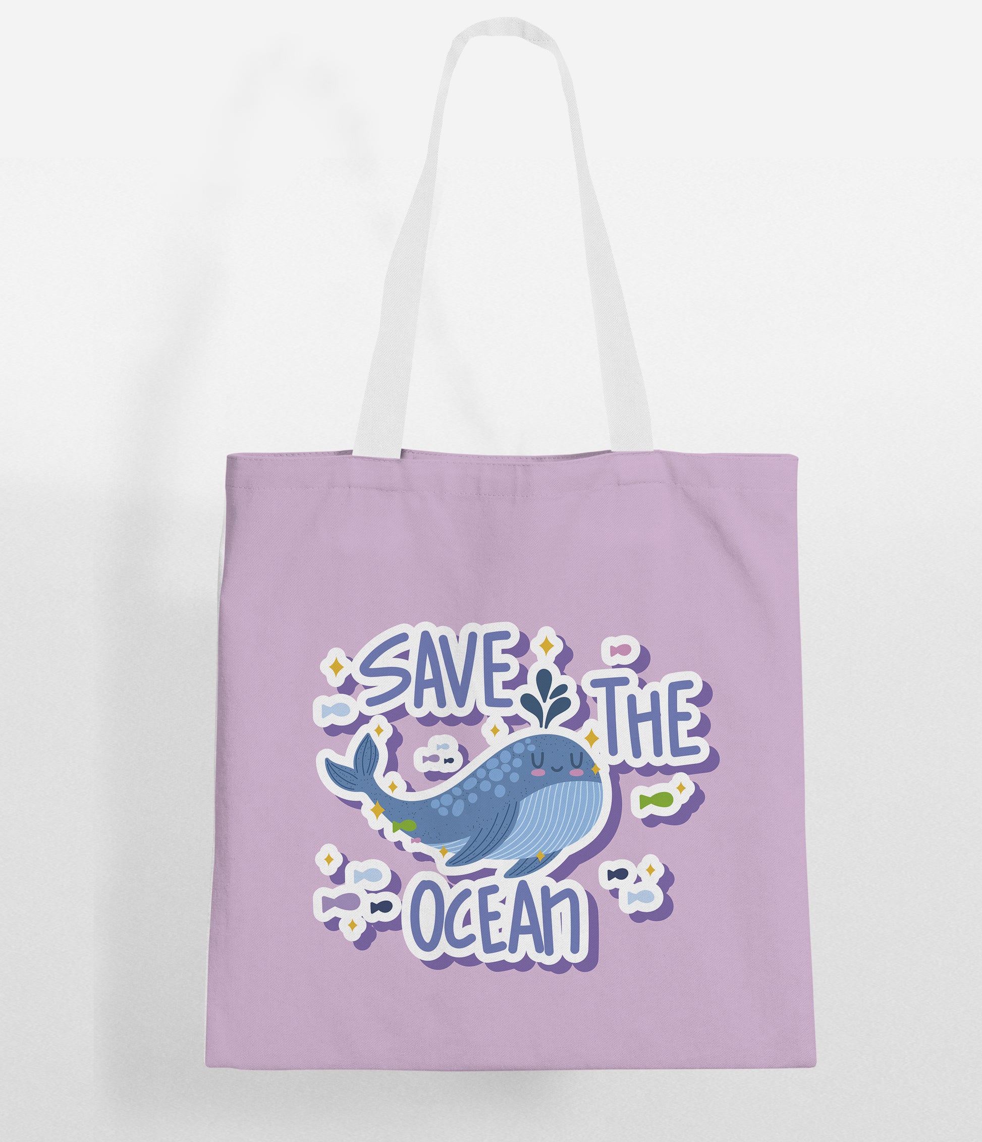 A reusable tote bag with the words "Save the Ocean" printed on it, promoting environmental awareness and sustainability.