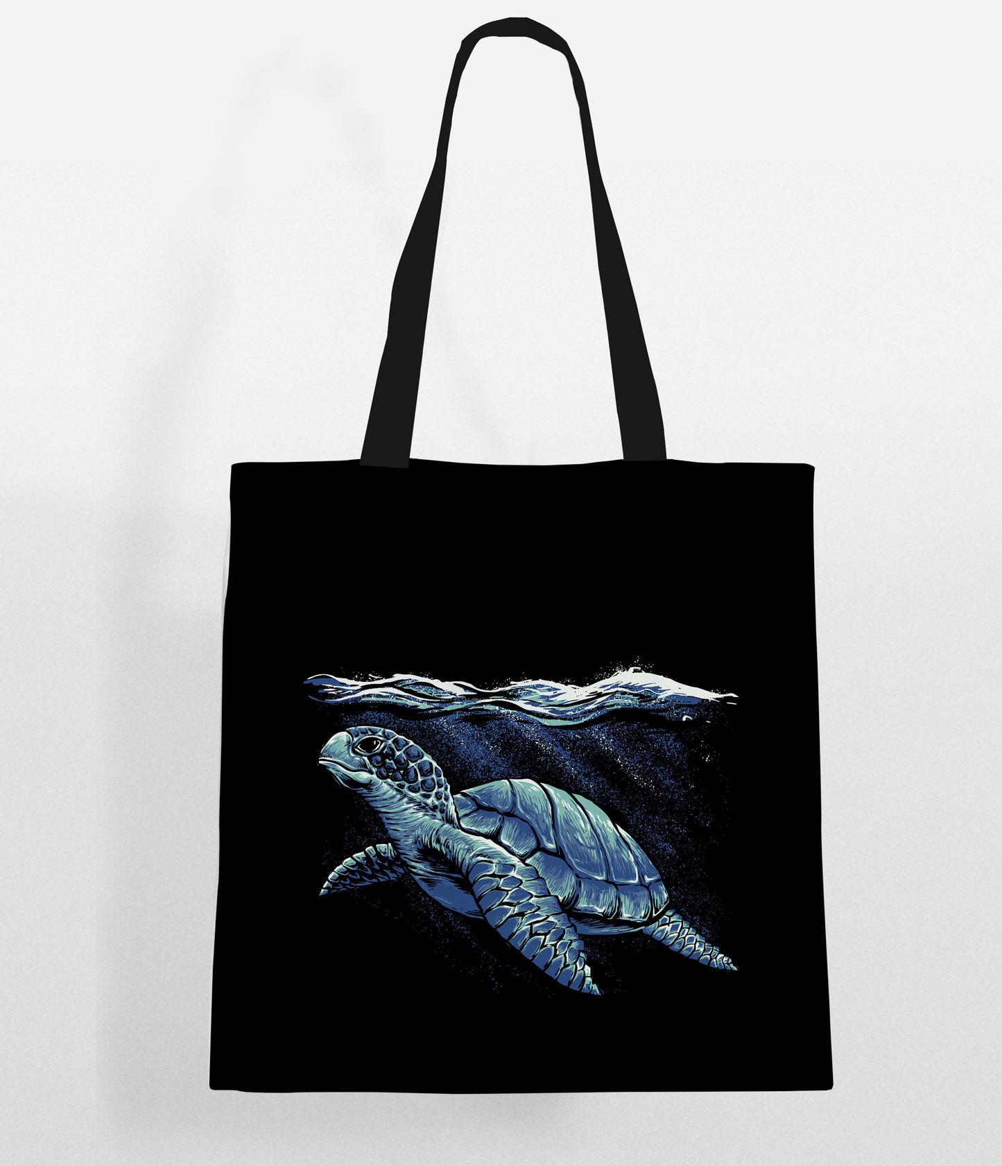 A black tote bag featuring a sea turtle image, perfect for nature enthusiasts and eco-conscious individuals.
