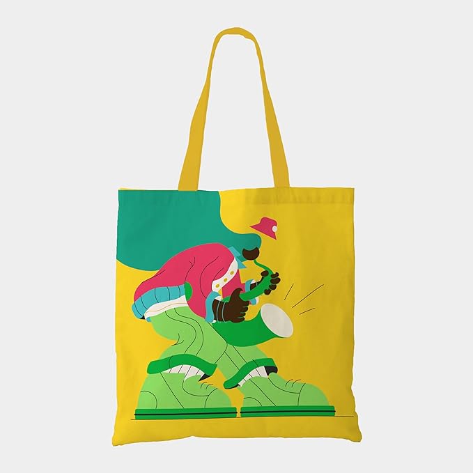  A cheerful yellow tote bag featuring a fun cartoon character, perfect for adding a pop of color to your day!
