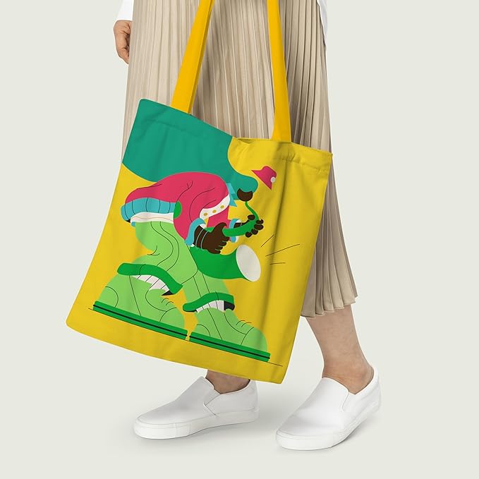 A vibrant yellow tote bag showcasing a whimsical cartoon character, great for shopping or casual outings.