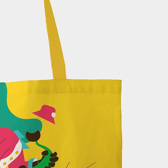  A sunny yellow tote bag with a cute cartoon character design, perfect for brightening up your everyday adventures.