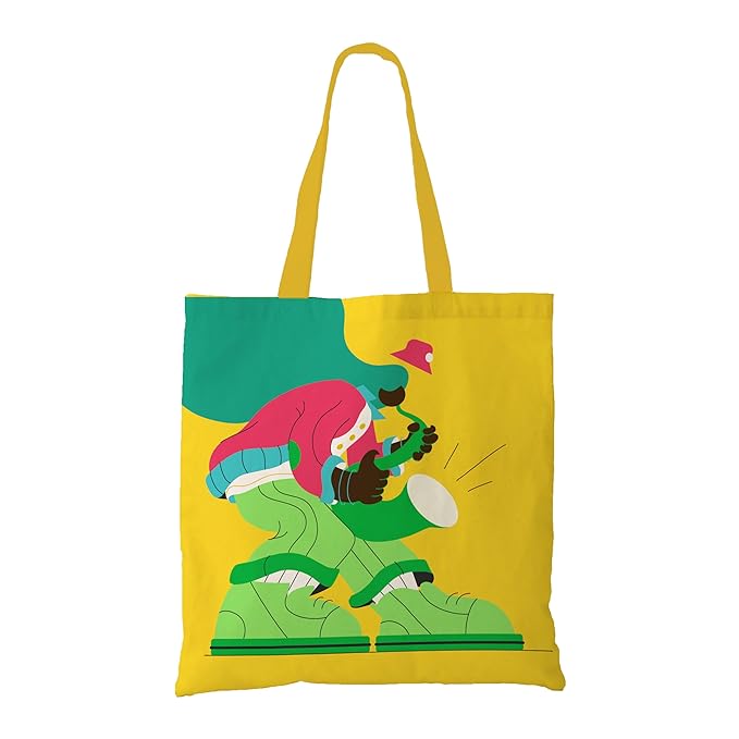 Bright yellow tote bag adorned with a playful cartoon character, ideal for carrying your essentials in style.
