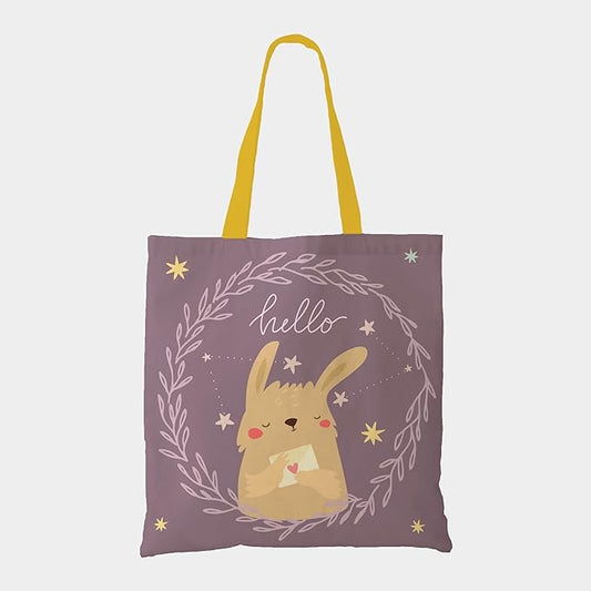 A stylish tote bag featuring a cheerful bunny design, perfect for carrying everyday essentials with a playful touch.
