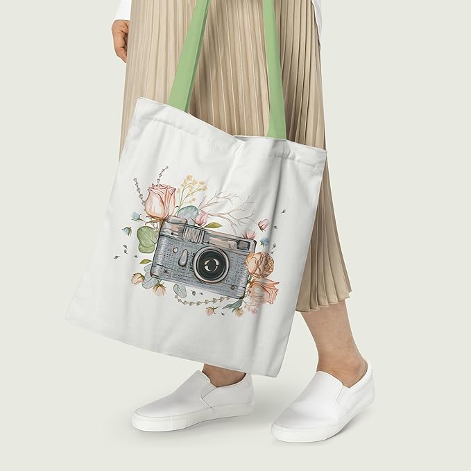 A chic tote bag showcasing a striking camera photo, perfect for those who love photography and want to make a statement.