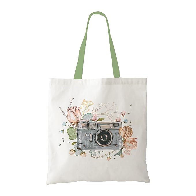 A stylish tote bag featuring a vibrant photo of a classic camera, perfect for photography enthusiasts on the go.
