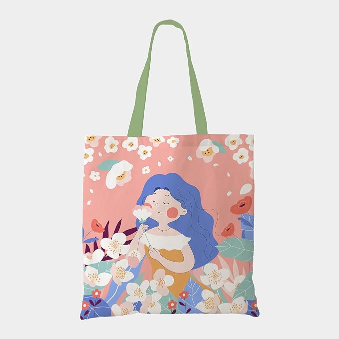 A colorful tote bag featuring a cheerful cartoon girl surrounded by vibrant flowers, perfect for everyday use.