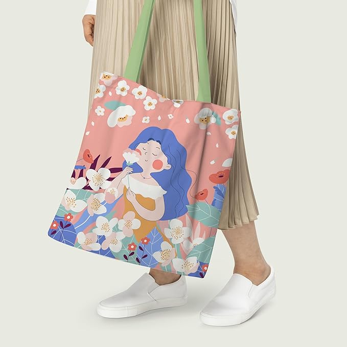  A fun tote bag adorned with a cartoon girl and bright flowers, adding a touch of whimsy to your daily outings.
