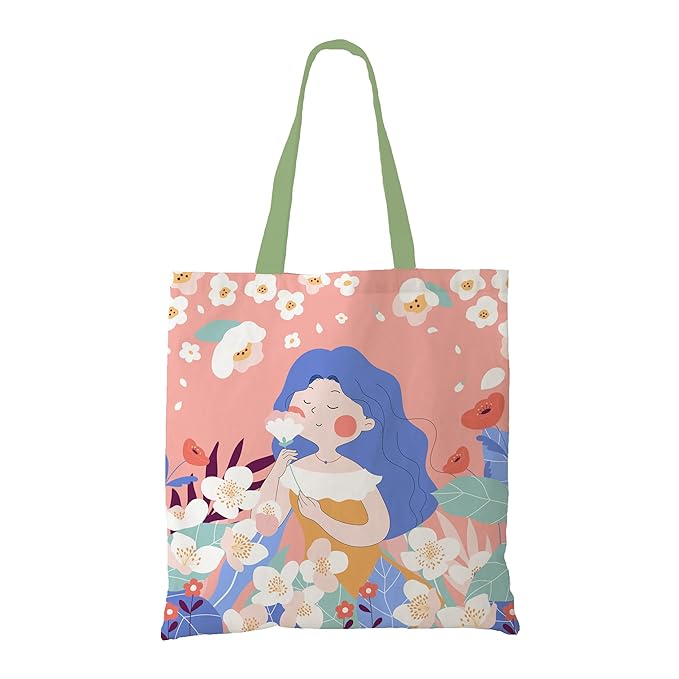 A stylish tote bag showcasing a playful cartoon girl with blooming flowers, ideal for carrying your essentials.
