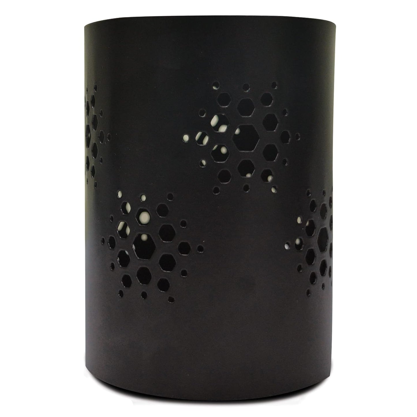 Stylish black candle holder with unique perforated patterns, great for setting a relaxing mood.